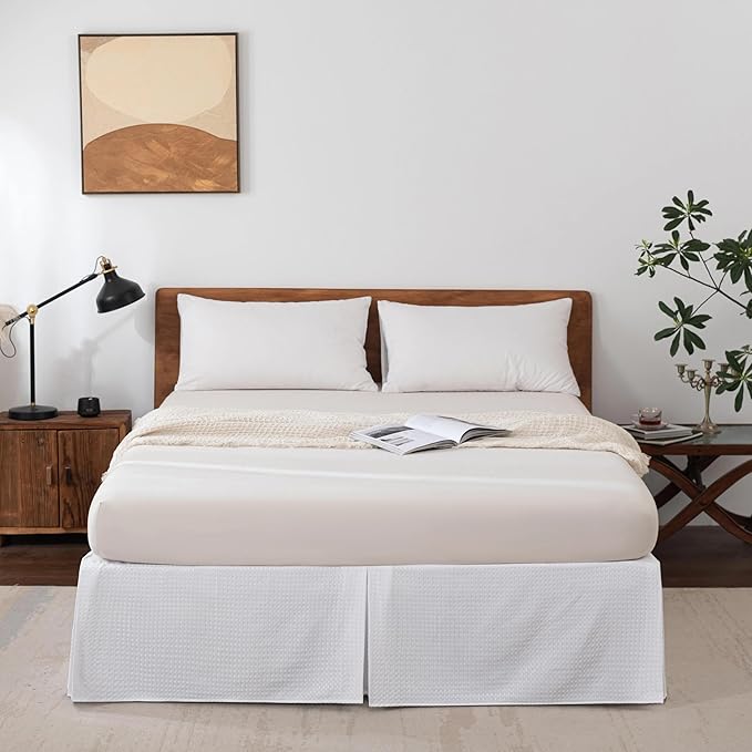 King Bed Skirt, Wrap Around Bed Skirt with Pleated Corner, 16 Inch Drop Pleated Waffle Weave Bedskirts, Anti-Slip, Microfiber, White, 16'' King
