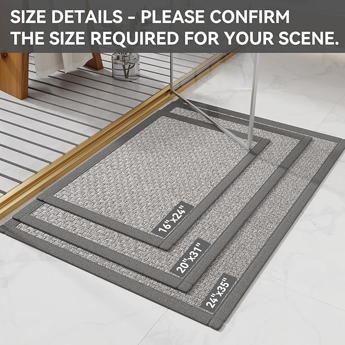 Ultra Thin Quick Dry Bathroom Rugs Mat 24x35, Non Slip Bath Mat Absorbent Bathroom Mat Floor Rubber Backed Fit Under Door, Woven Washable Bath Rugs, Gray