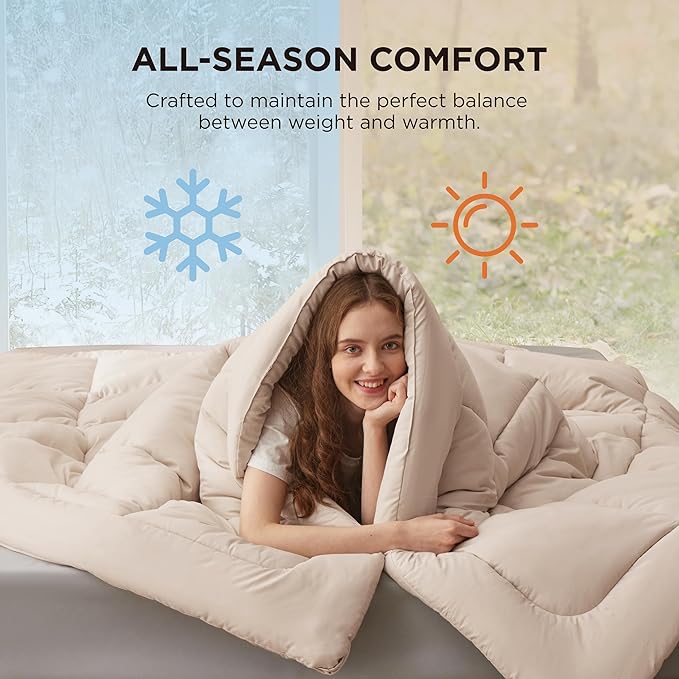 Bedsure Comforter Duvet Insert - Quilted Comforters Queen Size, All Season Duvet, GentleSoft Down Alternative Bedding, with 8 Tabs, Gifts for Women/Men, Beige, Queen 88 x 88 Inches