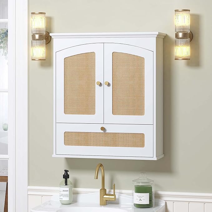 Spirich Bathroom Cabinet Wall Mount, Medicine Cabinet for Bathroom, Over The Toilet Storage Cabinet with Rattan Doors and Tilt-Out Cube