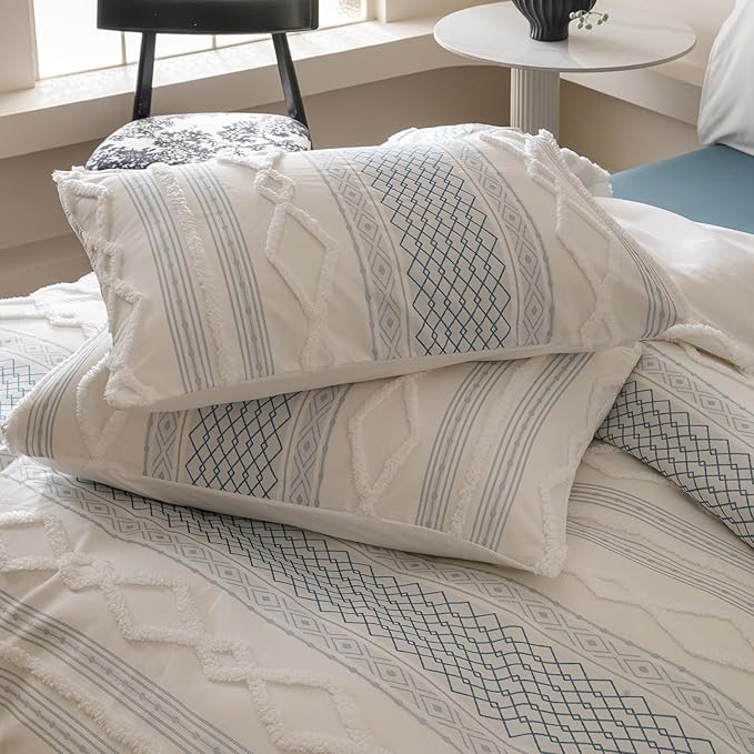 Cottonight White Blue Boho Comforter Set Twin Farmhouse Tufted Bedding Set Soft Bohemain Shabby Chic Blanket Quilts Embroidery Rustic Luxury Soft 3PCS Bed Set for Women Men