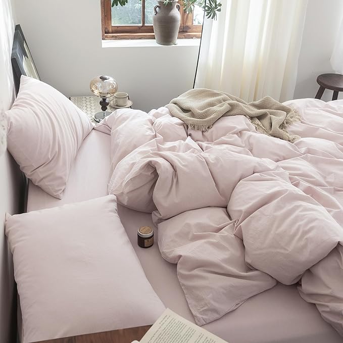 FOSSA Duvet Cover Set 100% Washed Cotton Linen Feel Super Soft Breathable Cozy 3 Pieces Bedding Sets Solid Greyish Pink King