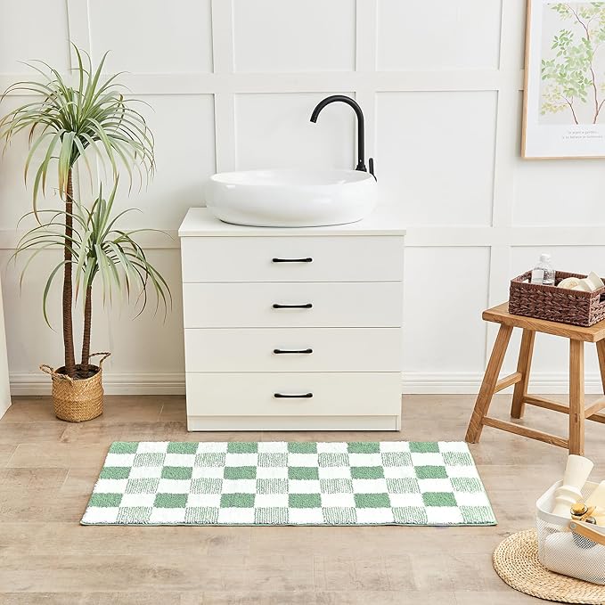 CozeCube Bath mats for Bathroom Non Slip, Fluffy Absorbent Microfiber Bath mat Washable, Aesthetic Bathroom Rugs, Long Sage Green Checkered Bath Runner, Sage Green, 59" x 24"