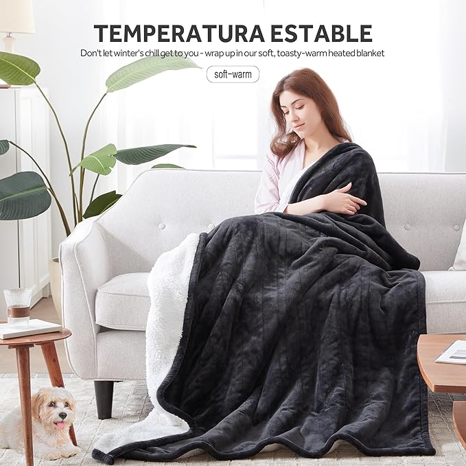 Heated Blanket Electric Blanket Twin Size Soft Flannel Sherpa, 6 Heat Levels Fast Heating, 2 to 10 Hours Auto-Off Detachable Controller Machine Washable, Grey 62"x84"