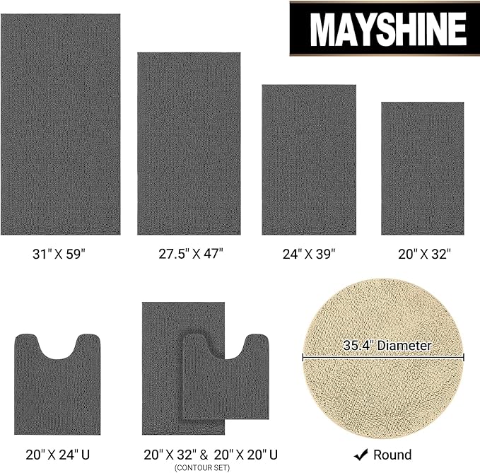 MAYSHINE Round Area Rug Set for Bathroom | Soft Plush Chenille Bath Mat, Water Absorbent Non-Slip Bathroom Rug | Washable Shag Carpet for Shower, Bedroom, or Home Décor | 36"x36" (Round) | Beige