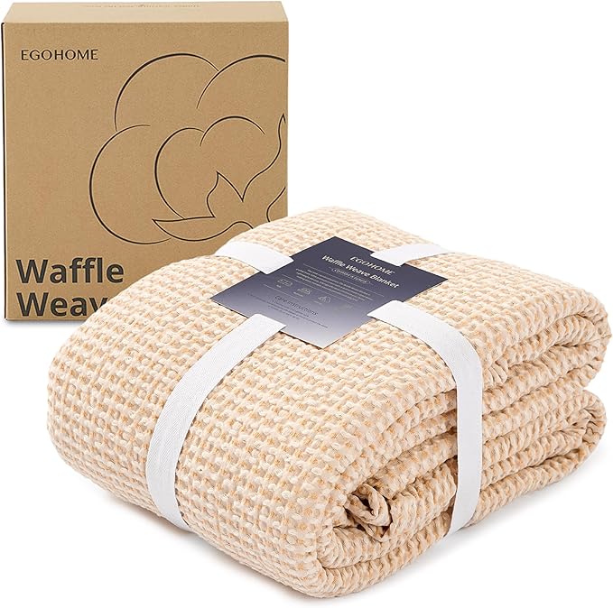 EGOHOME 100% Cotton Waffle Blanket Twin Size for Bed-Breathable and Lightweight,Soft Dual-Tone Textured Jacquard Waffle Weave Blankets for All Seasons,Banana Cream,60 x 80 Inches