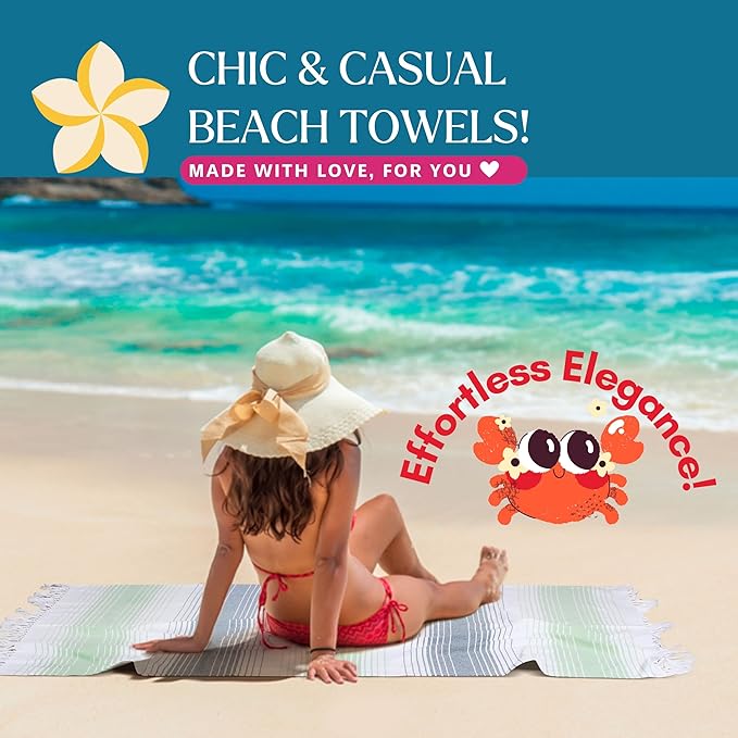 Native Fab 100% Cotton Peshtemal Turkish Bath and Beach Towels Set of 2, Large 40x71 Travel Sarong Gym Pool Spa Towels, Ultra Soft Quick Dry Absorbent Fouta Hammam Peshtemal Towels Green White