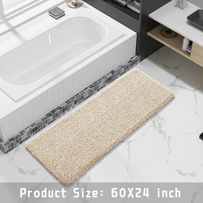Yimobra Luxury Bathroom Rugs, Fluffy Bath Mats, Non Slip, Water Absorbent Microfiber, Machine Washable, Plush Runner Shower Rugs, Thick Matts for Bathroom Floor/Tub, 60"x 24", Light Beige and White