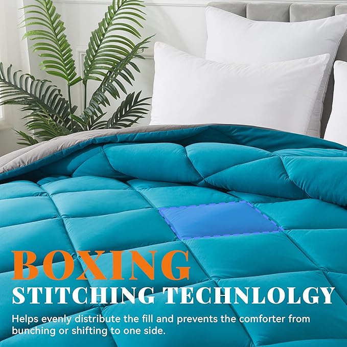 Cosybay Down Alternative Comforter (Algiers Blue/Dark Grey, King) - All Season Soft Quilted King Size Bed Comforter - Duvet Insert with Corner Tabs -Winter Summer Warm Fluffy, 102x90 inches