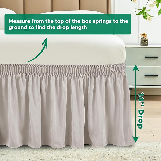Biscaynebay Wrap Around Bed Skirts for King & Cal King Beds 14" Drop, Camel Grey Adjustable Elastic Dust Ruffles Easy Fit Wrinkle Resistant Silky Luxurious Fabric Machine Washable
