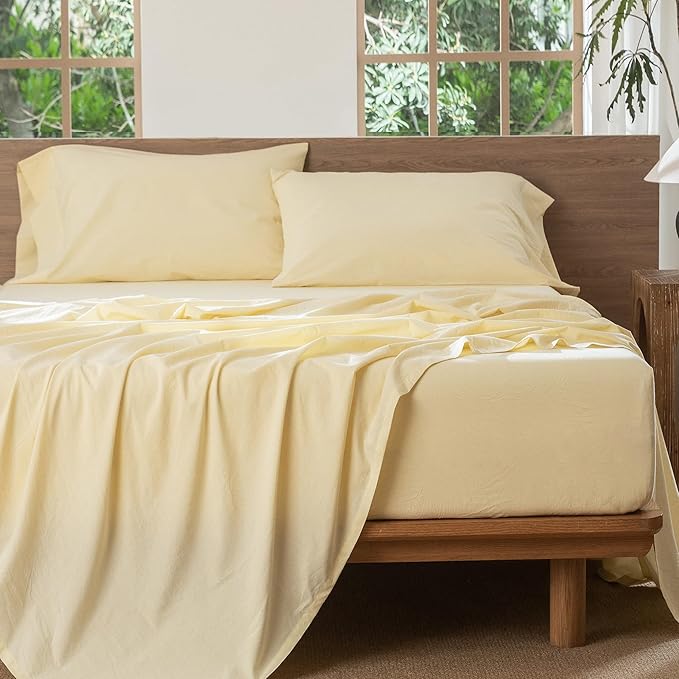 MooMee Bedding Sheet Set 100% Washed Cotton Linen Like Textured Breathable Durable Soft Comfy (Heathered Butter Yellow, California King)