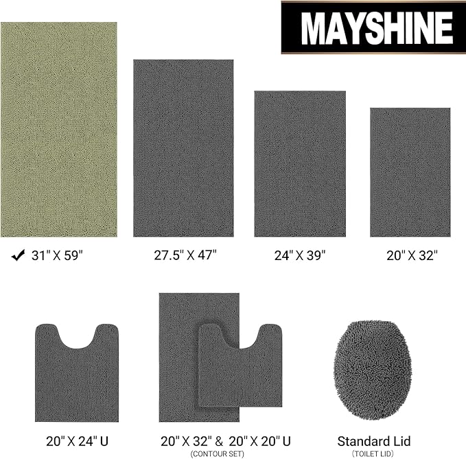MAYSHINE Plush Shaggy Chenille Bath Mat | Extra Soft, Super Absorbent, Non-Slip Bathroom Rug | Fluffy Microfiber, Area Rug Sets for Bathroom Floor, Kitchen, Living Room | 59"x31" | Sage Green