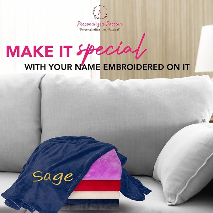 Personalized Blankets for Adults - Custom Blanket with Embroidered Name or Monogram - Soft Fleece Throw Cover for Bed & Couch - Navy (60"x80")