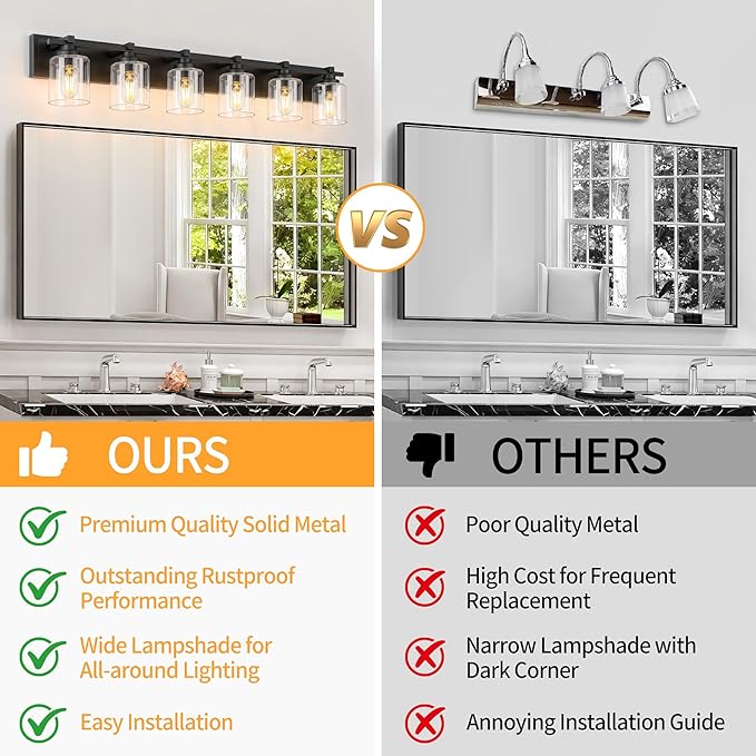 6 Light Modern Bathroom Light Fixtures Over Mirror, Black Vanity Lights for Bathroom Wall Sconces with Clear Glass Shades, E26 Socket (Bulbs Not Included)