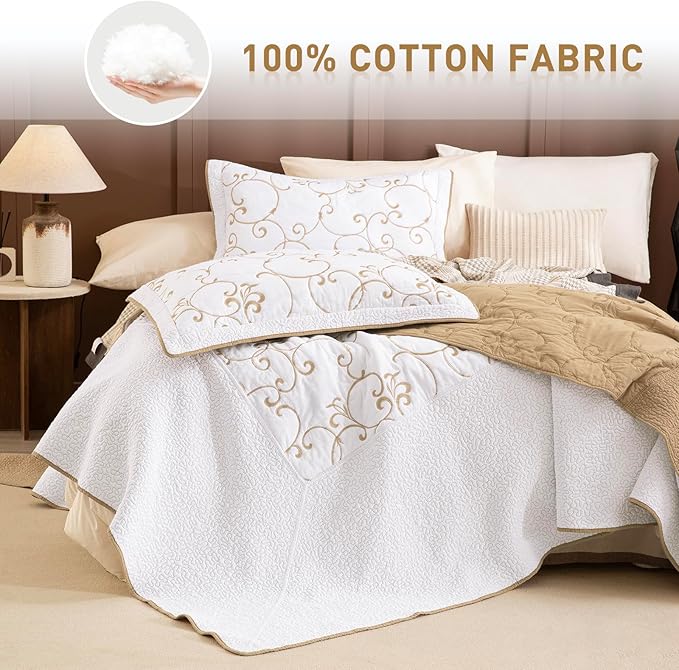 Lady Ann Oversized King 128x120 Quilt Bedspreads,100% Cotton Embroidery Pattern California King Size Quilt Bedding Set Extra Large Lightweight White with Gold Quilted Bedding Coverlet Set 3Pcs