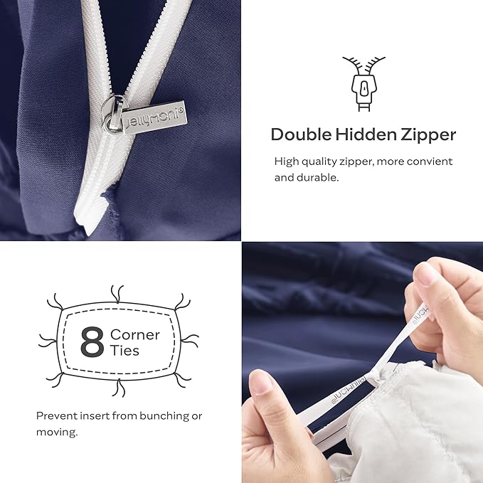 JELLYMONI Duvet Cover Twin Size Navy Blue - 3PCS Boho Duvet Cover Set Plaid Polyester Tufted Bohemian Jacquard Knit Textured Comforter Cover 68×90in Rhombic Geometric Pattern Corner Ties & Zipper
