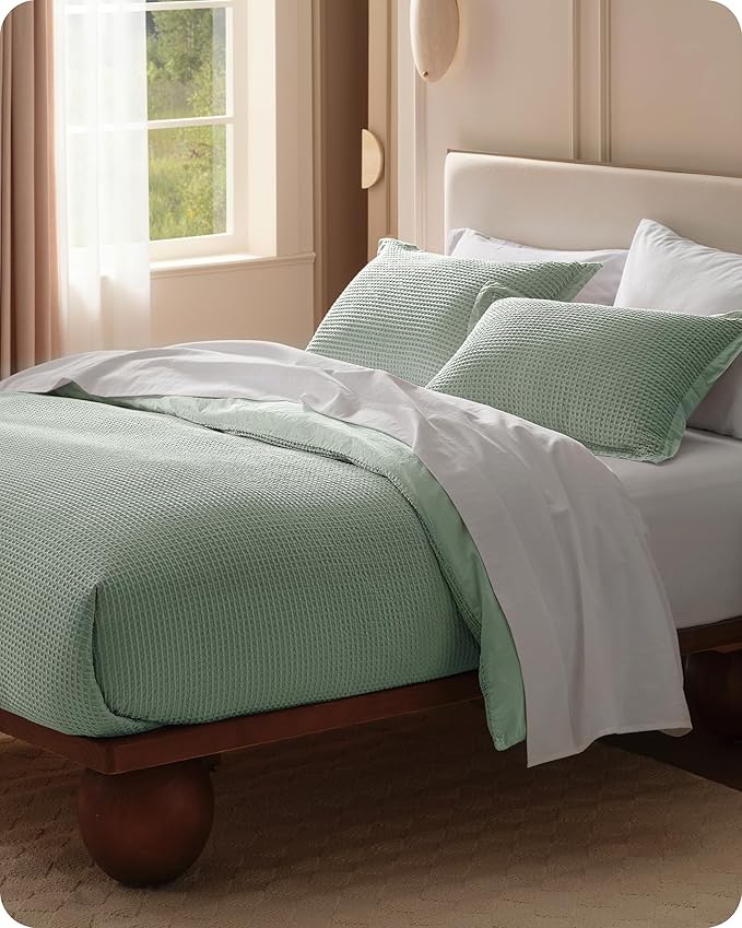 Bedsure Cotton Duvet Cover Queen - 100% Cotton Waffle Weave Sage Green Duvet Cover Queen Size, GentleSoft™ and Breathable Bedding Set for All Season, 3 Pieces, 90"x90"