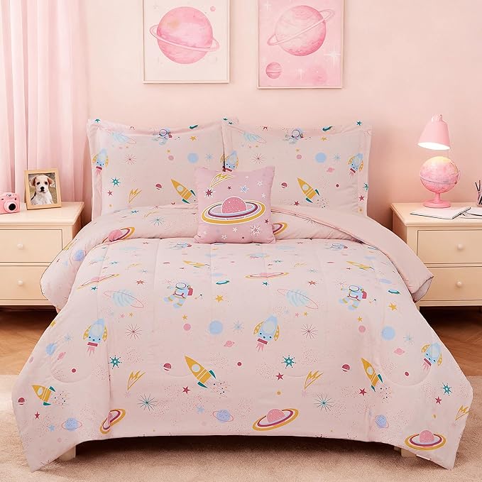 Glow in The Dark Kids Comforter Set Full Size for Girls, Planet Bedding Set 1 Comforter, 1 Decor Pillow, 2 Pillow Shams