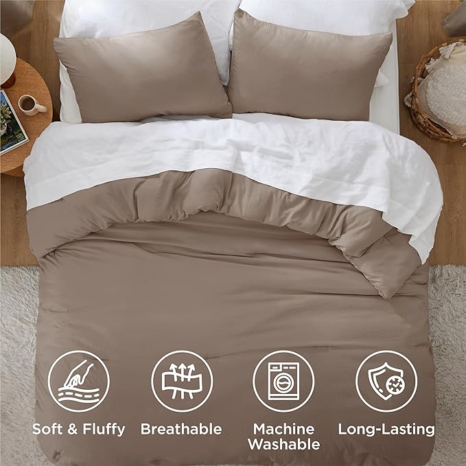 Bedsure Queen Size Comforter Set, Brown Soft Prewashed Bedding for All Seasons, 3 Pieces GentleSoft™ Warm Down Alternative Bed Set, 1 Lightweight Comforter (90"x90") and 2 Pillowcases (20"x26")