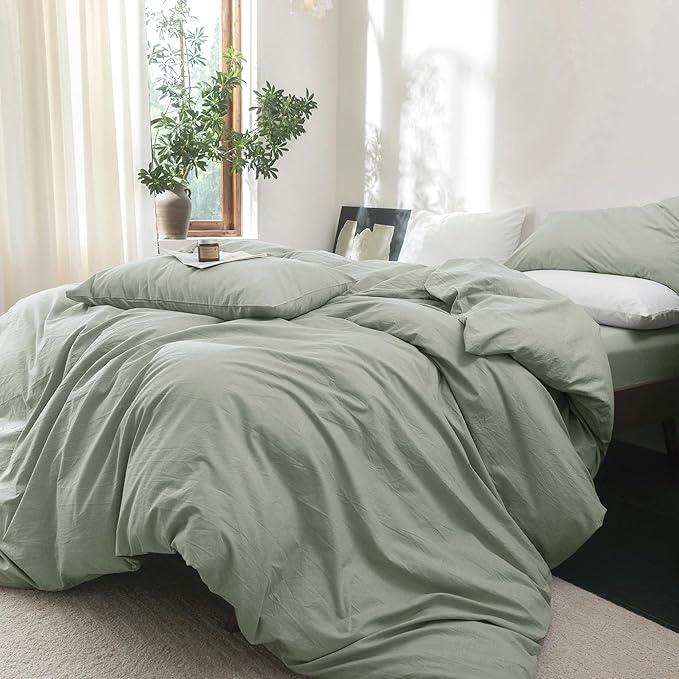 FOSSA Duvet Cover Set 100% Washed Cotton Linen Feel Super Soft Breathable Cozy 3 Pieces Bedding Sets Solid Sage Green Super King