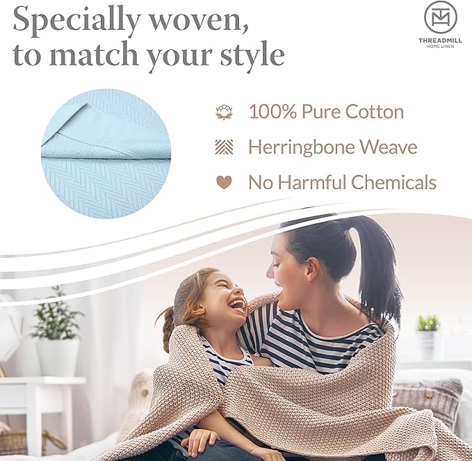 Threadmill Luxury Cotton Blankets for Twin Size Bed | All-Season 100% Cotton Twin Blanket for Bed | Herringbone, Soft & Cozy Fall Thermal Blanket, 350GSM, 68x92 inches | Light Blue
