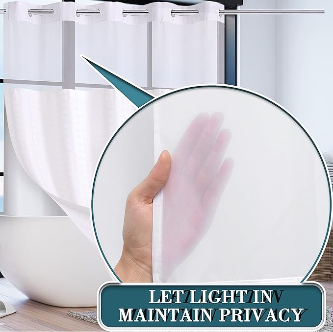 Extra Long No Hook Shower Curtain with Snap in Liner Set, Hotel Luxury White Shower Curtains for Bathroom with See Through Top Window, Waterproof, Washable 71W x 84H