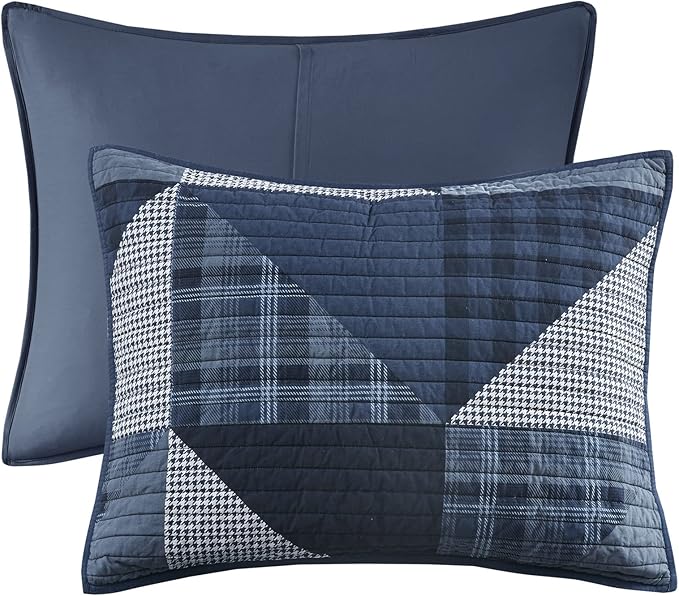 Woolrich Reversible Quilt Set - Cottage Styling Reversed to Solid Color, All Season Lightweight Coverlet, Cozy Bedding Layer, Matching Shams, Oversized King/Cal King, Olsen Geometric Blue