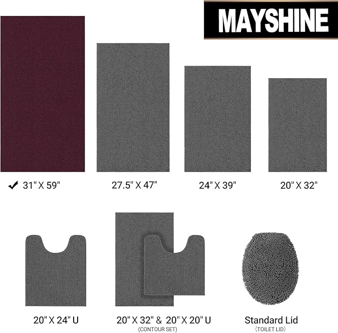 MAYSHINE Plush Shaggy Chenille Bath Mat | Extra Soft, Super Absorbent, Non-Slip Bathroom Rug | Fluffy Microfiber, Area Rug Sets for Bathroom Floor, Kitchen, Living Room | 59"x31" | Burgundy