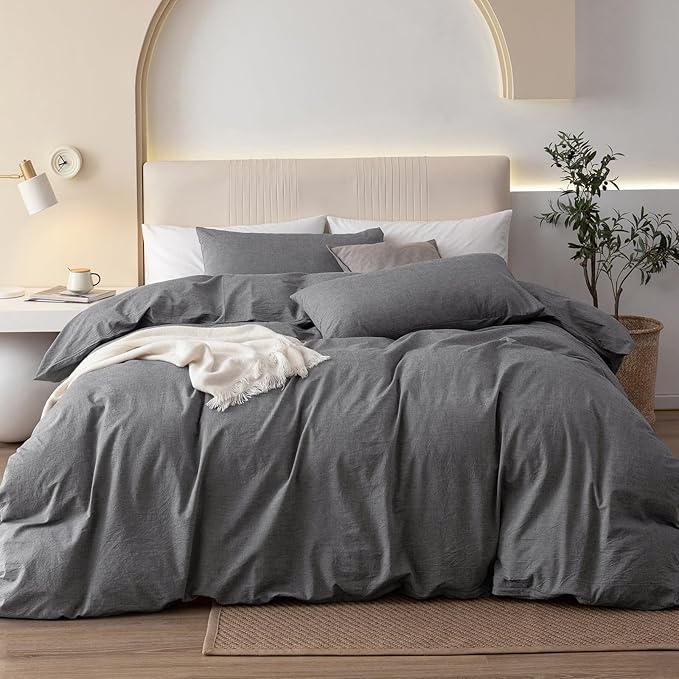 JIYUAN 100% Washed Cotton Duvet Cover Set 2 Pieces Twin, 1 Duvet Cover 68x90 Inches (Comforter Not Included) and 1 Pillowcases,Linen Feel Bedding Set Comfy and Breathable, Heathered Dark Grey