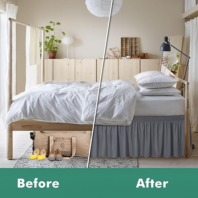 Biscaynebay Wrap Around Bed Skirts with Split Corners for Full Beds 14" Drop, Dark Grey Elastic Dust Ruffles Adjustable Easy Fit Wrinkle & Fade Resistant Silky Luxurious Fabric Machine Washable