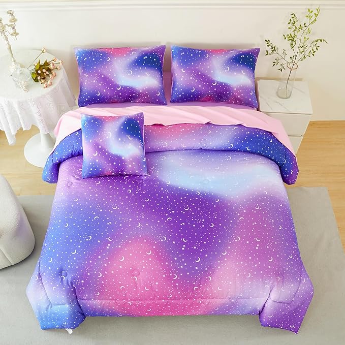 URBONUR 6Pcs Twin Comforter Set for Girls Colorful Pink Purple Blue Gradient Galaxy Printed Bedding Set Kids Teen Bed in A Bag