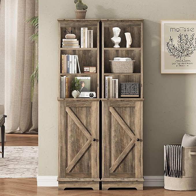 Tall Bathroom Storage Cabinet with Door and Open Adjustable Shelves, 60.9" H Wooden Tower Corner Narrow Farmhouse Cabinet, Freestanding Organizer for Kitchen, Entryway Grey