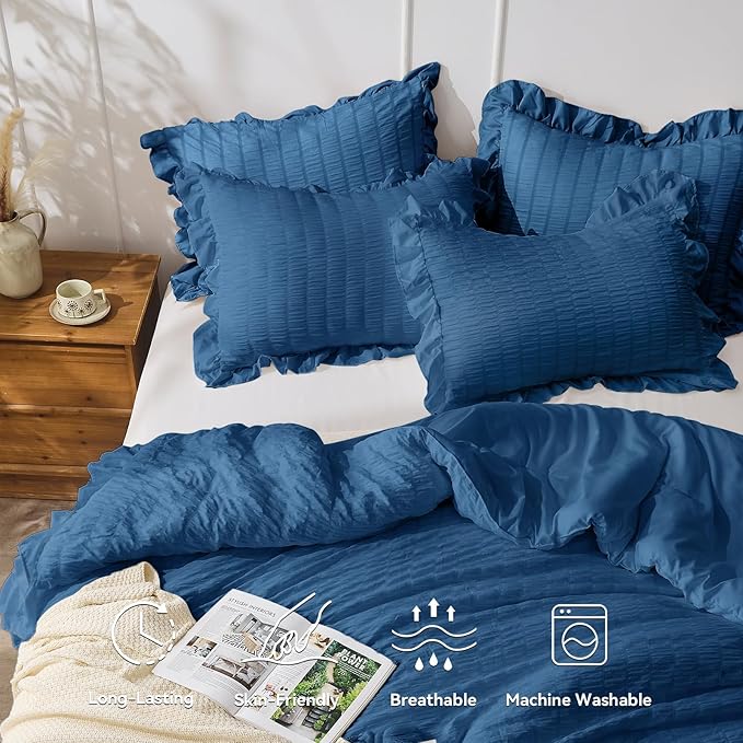JOLLYVOGUE Teal King Comforter Set, 3 Pieces Seersucker Comforters King Size, Lightweight & Fluffy Bedding Sets King for All Season with 1 Ruffle Comforter and 2 Ruffle Pillowshams