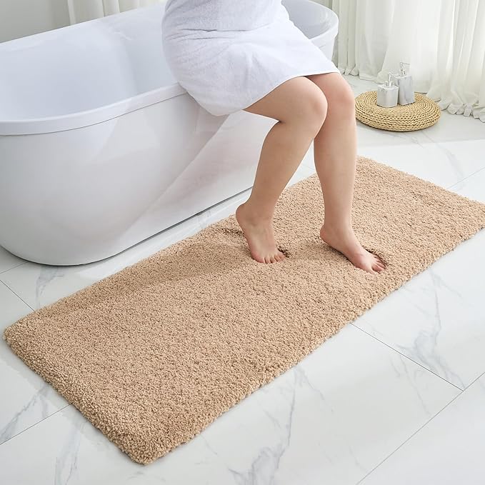 Beige Bathroom Runner Rug 24x59 Non Slip Fluffy Long Bath Mat for Bathroom Floor Washable Plush Luxury Bath Rug for Tub Absorbent Shower Sink Mat Bedside Rug