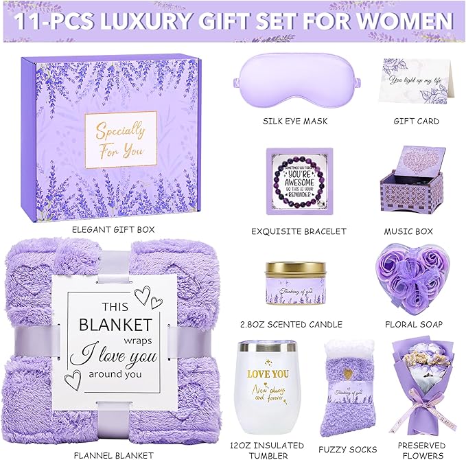Gift Baskets for Women, Self Care Gifts Spa Basket Set for Women Get Well Soon Gifts with Flannel Blanket Care Package, Thinking of You Christmas Birthday Gifts for Mom Girlfriend Sister Wife