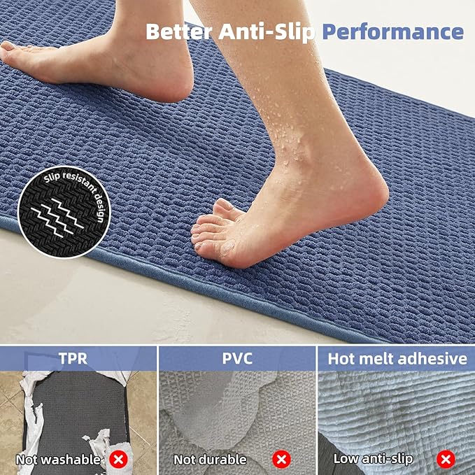 Bathroom Runner Rug, Long Bath Mat Washable Thin Quick Dry Low Pile Bathroom Runner Rugs 24 x 60 Non Slip, Denim Blue 24"x60"