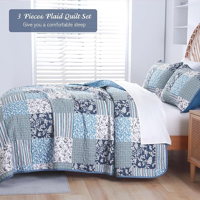 Mybedsoul Navy Blue Quilt Set Queen Size, 3 Pieces Plaid Floral Bedspread Set Patchwork Reversible Bedding Set Microfiber Lightweight Bedspread Coverlet Set for All Season 96"x90"