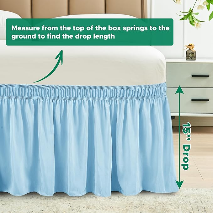 Biscaynebay Wrap Around Bed Skirts for Full & Full XL Beds 15" Drop, Light Blue Adjustable Elastic Dust Ruffles Easy Fit Wrinkle & Fade Resistant Silky Luxurious Fabric Machine Washable