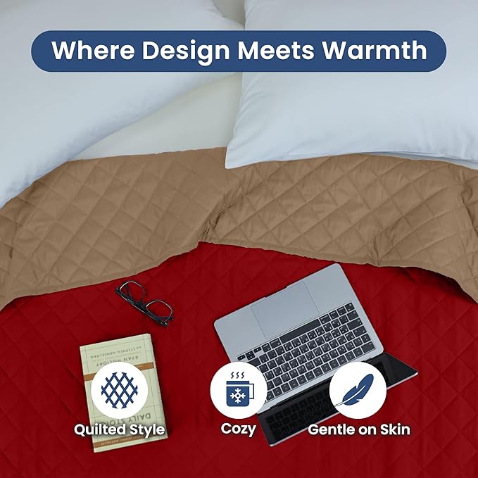 Martex Reversible Coverlet – Full Queen Size Quilt - Lightweight Full Size Bedding– Durable Queen Size Quilts for Bed – Soft - Easy Care Bedding – Khaki/Red