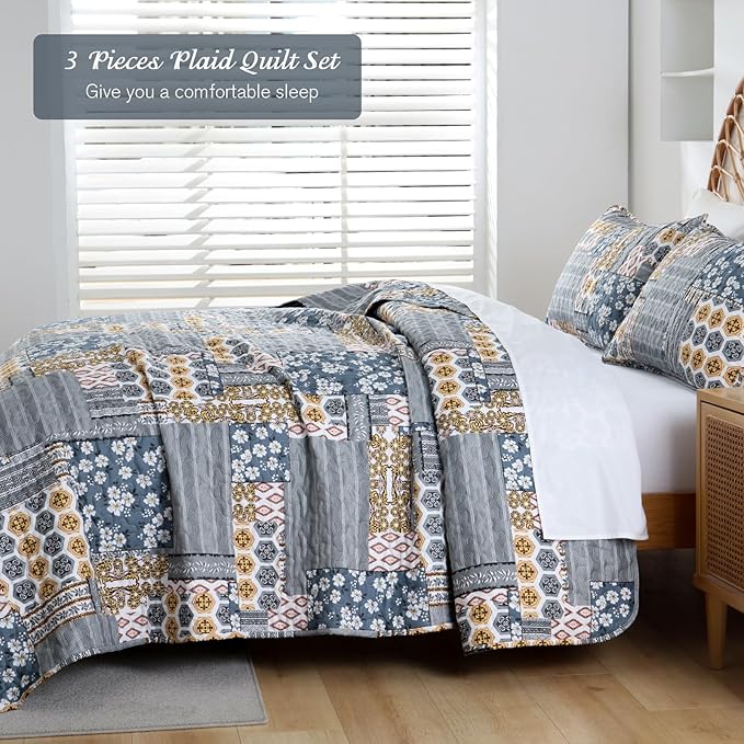 Mybedsoul Dark Grey Quilt Set Queen Size, 3 Pieces Plaid Floral Bedspread Set Patchwork Reversible Bedding Set Microfiber Lightweight Bedspread Coverlet Set for All Season 96"x90"
