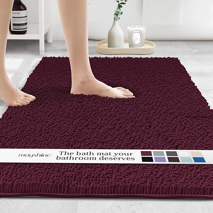 MAYSHINE Plush Shaggy Chenille Bath Mat | Extra Soft, Super Absorbent, Non-Slip Bathroom Rug | Fluffy Microfiber, Area Rug Sets for Bathroom Floor, Kitchen, Living Room | 59"x31" | Burgundy