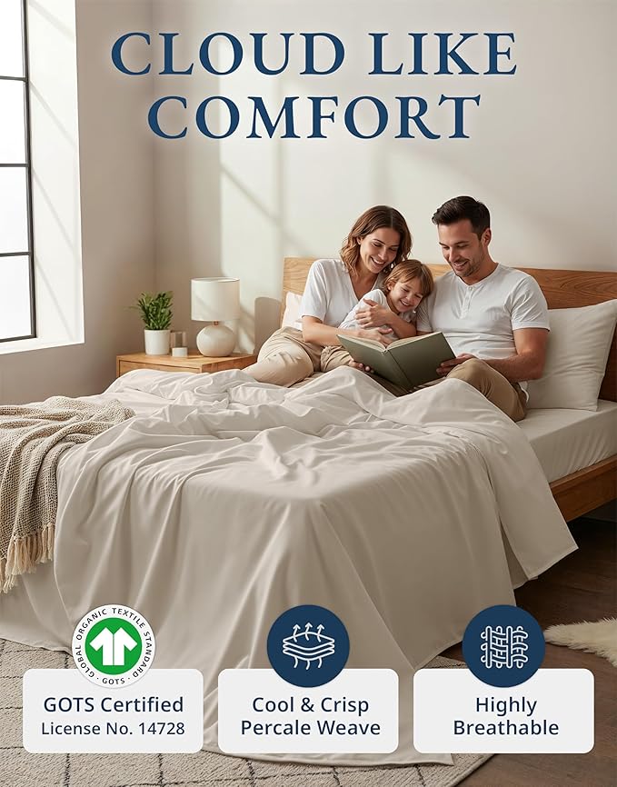 LANE LINEN 100% Organic Cotton Queen Sheet Set, 4Pc Cotton Sheets Queen Size Bed Set, Soft Percale Weave, Deep Pocket Queen Sheets, Hotel-Quality Bed Sheets Queen Size - Glacier Grey