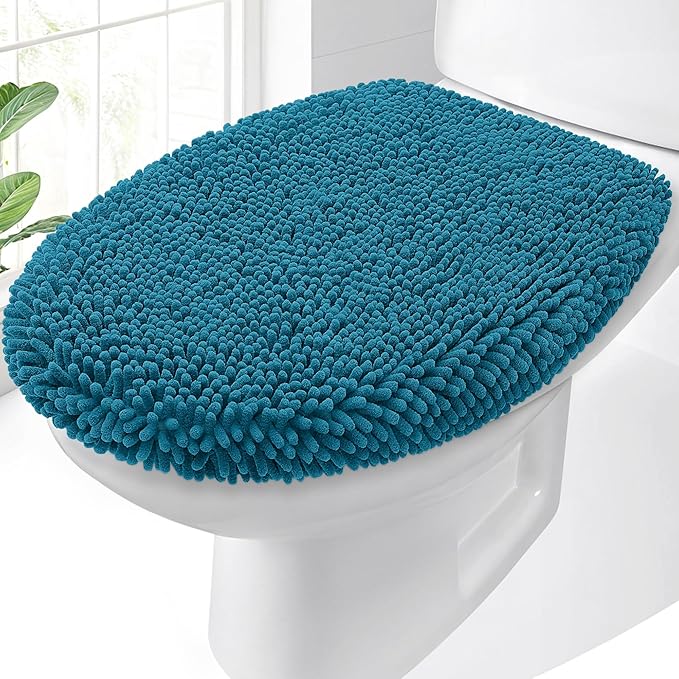 OLANLY Soft Chenille Bathroom Toilet Lid Cover, Machine Washable Seat Covers, 17.5x15, Stays in Place Rubber Backing, Fits Most Round, Elongated and Oblong Lids, Accessories Decor, Peacock Blue