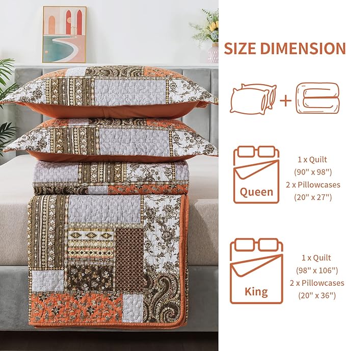 BEDIFANY Cotton Quilts King Size for Farmhouse- Fall Patchwork Bedspread Set - Highly-Woven Soft Reversible King Size Bed Spread for All Seasons (Floral Orange) 3 Pieces