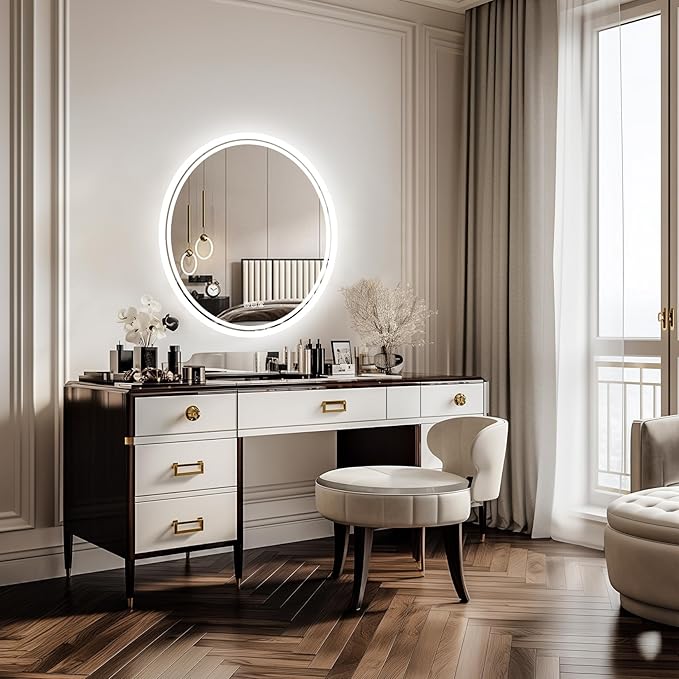 LUVODI Lighted LED Bathroom Mirror: 24”Round Wall Mounted Large Lighted Makeup Mirror with Bright Back Lit - Illuminated Dimmable 3 Colors Vanity Mirrors with Demister Pad Smart Touch Switch