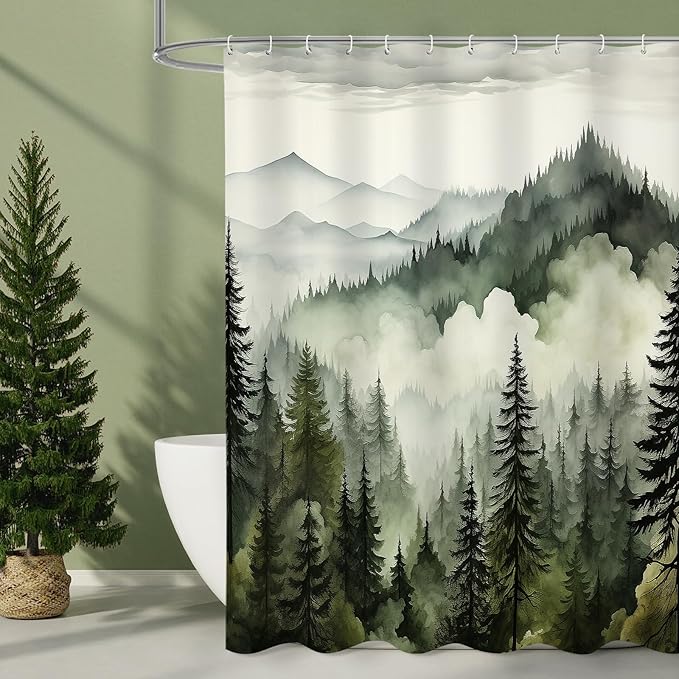 Dark Green Long Misty Pine Forest Shower Curtain 72 x 78, Mountain Foggy Woodland Scenery Tree 78 Inch Long Shower Curtains for Bathroom, Abstract Waterproof Nature-Themed Decor