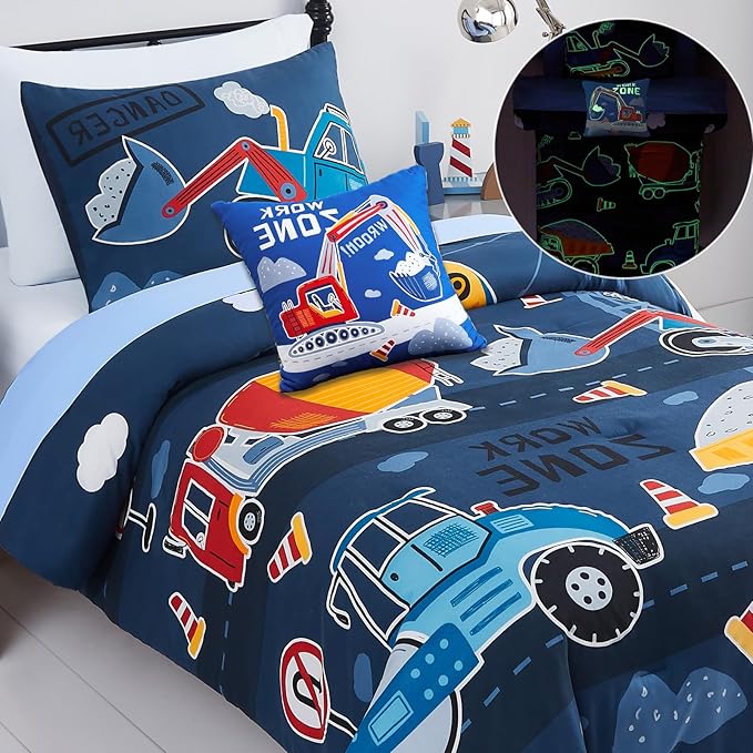 Kids Comforter Set Twin Size for Boys, Glow in The Dark Truck Bedding Set 1 Comforter, 1 Decor Pillow, 1 Pillow Shams