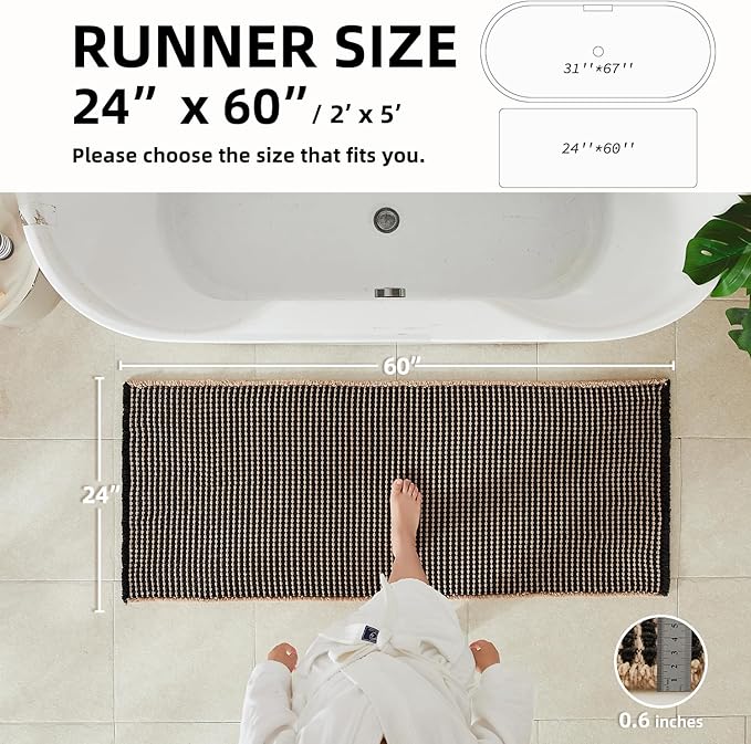 Waffle Runner Rug Bathroom, Long Boho Bathroom Rugs Non Slip Washable Super Absorbent Quick Dry Farmhouse Bath Decor, 60"x24" Khaki and Black