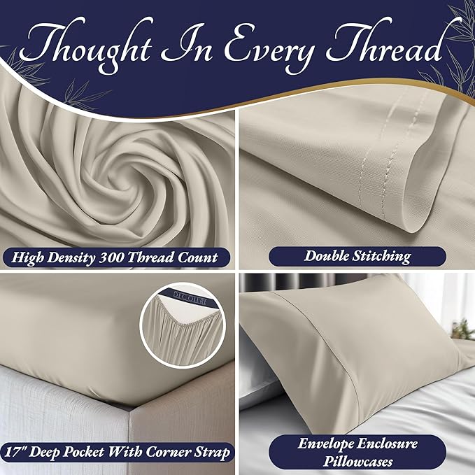 DECOLURE 100% Viscose Derived from Bamboo Sheets King Size 4pcs - Ultra Soft & Luxuriously Cooling, 17" Deep Pocket, Double Stitching, Perfect for Hot Sleepers - King Bed Sheets (Taupe)