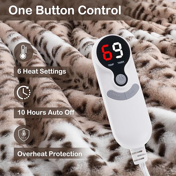 Electric Heated Blanket Full Size 72"x84", Cozy Large Oversized, 6 Heating Levels & 1-10 Hours Auto Off, Machine Washable, Leopard Print, Beige
